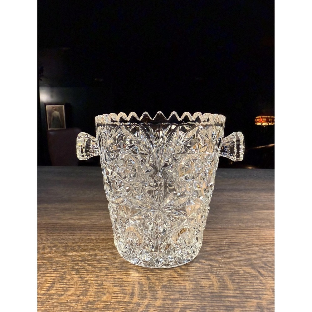 Vintage Pressed Glass "Hobstar‎ & Fan" Ice Bucket – Mid-Century Starburst Vase - Picture 6 of 11